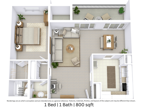 Floor plan for 1 bed, 1 bath, 800 sqft